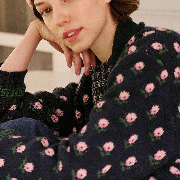 NWOT THE GREAT Navy Blue Bloom Lodge Alpaca & Wool Blend Floral Cardigan Sz S - Picture 4 of 16